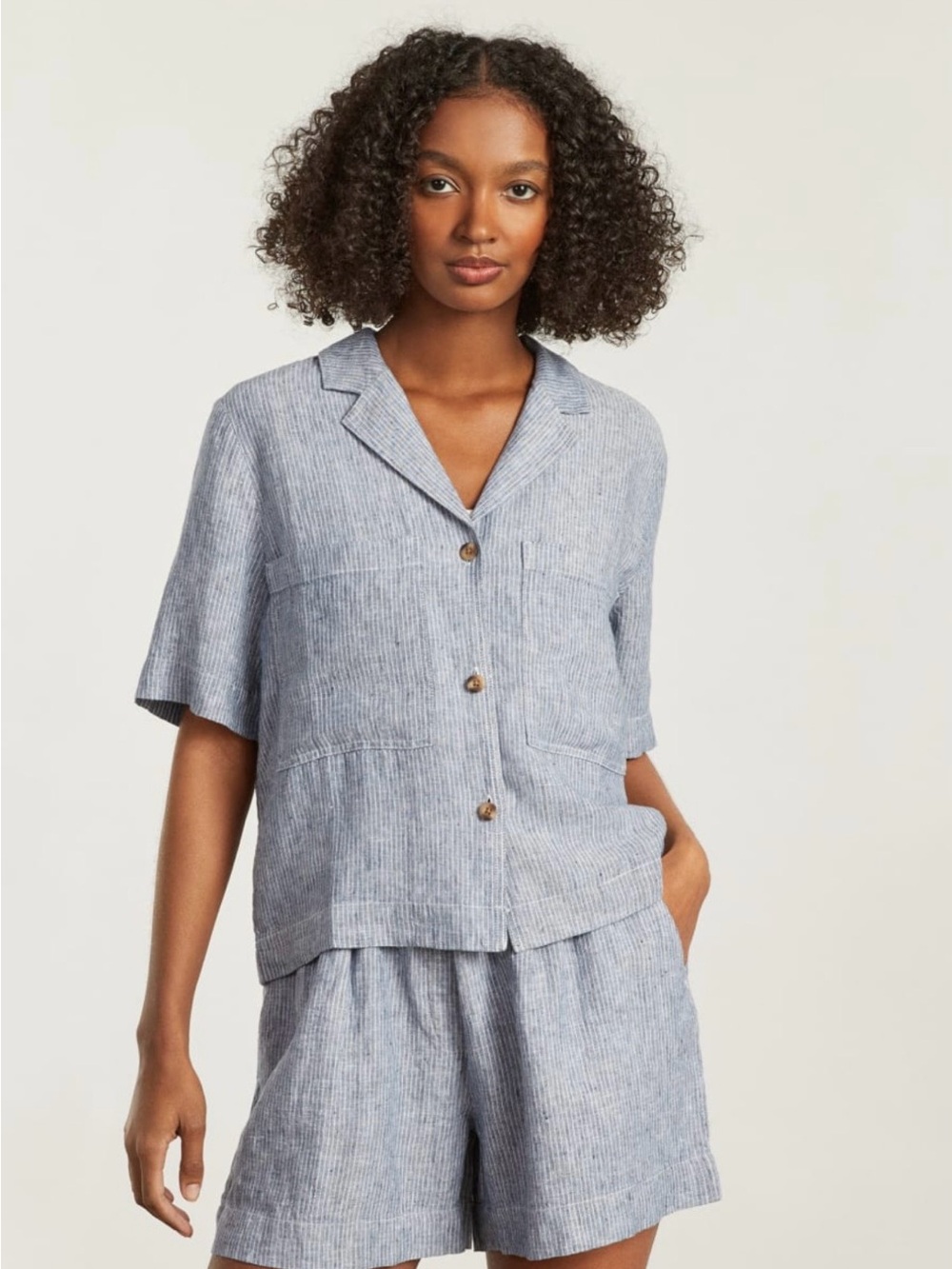 Everlane the Linen Workwear Shirt in Blue Pinstripe size L